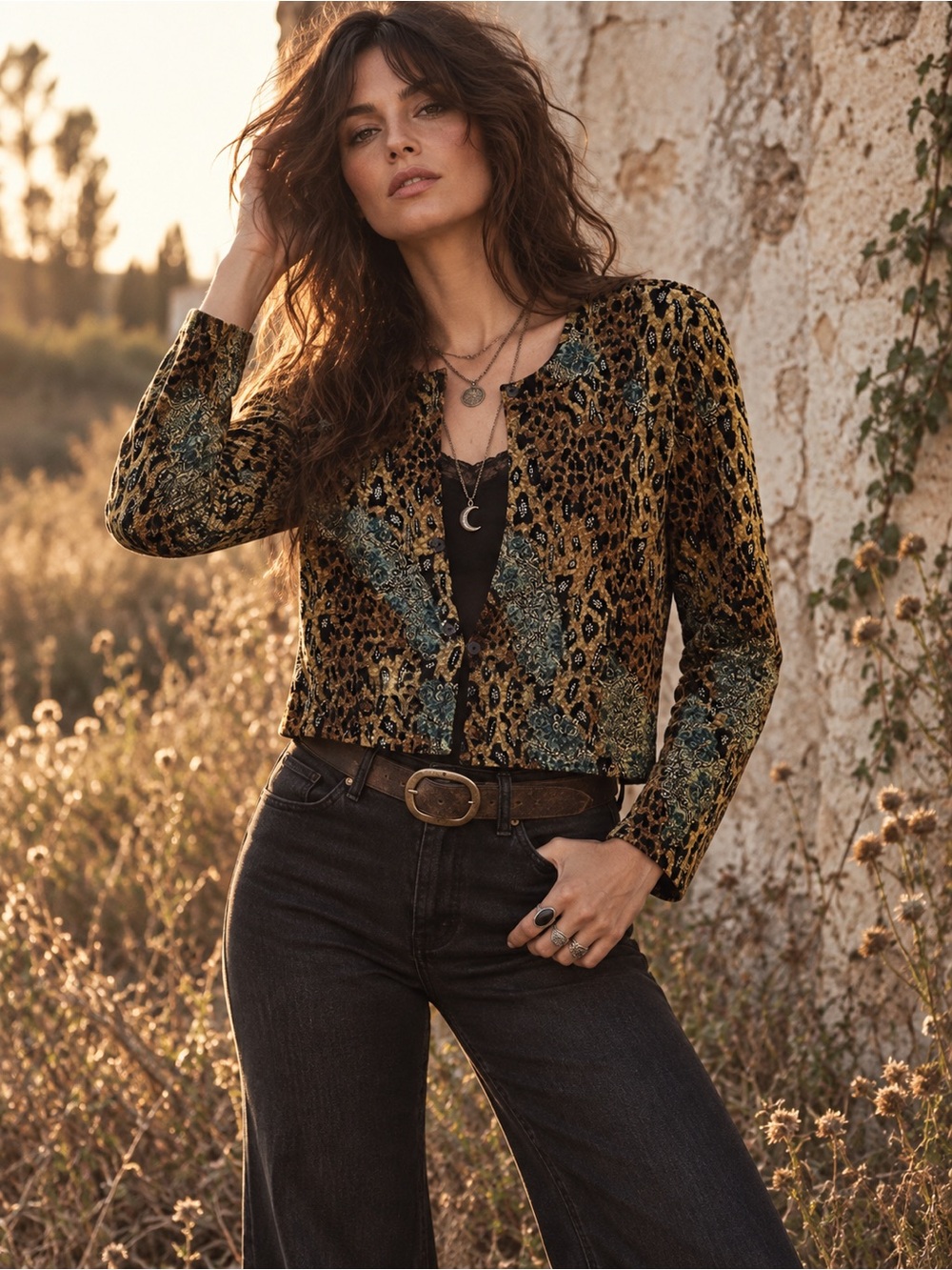 Vintage 90s / Y2K Ronni Nicole Tapestry Cropped Jacket Leopard Baroque Metallic